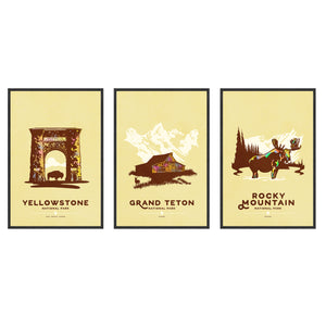 Yellowstone Grand Teton Rocky Mountain national park poster set by Jonathan Rice black frame
