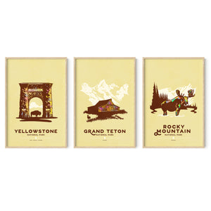 Yellowstone Grand Teton Rocky Mountain national park poster set by Jonathan Rice oak frame