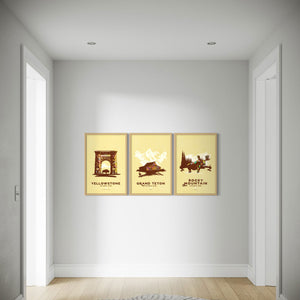 Yellowstone Grand Teton Rocky Mountain national park poster set by Jonathan Rice oak frame room mockup