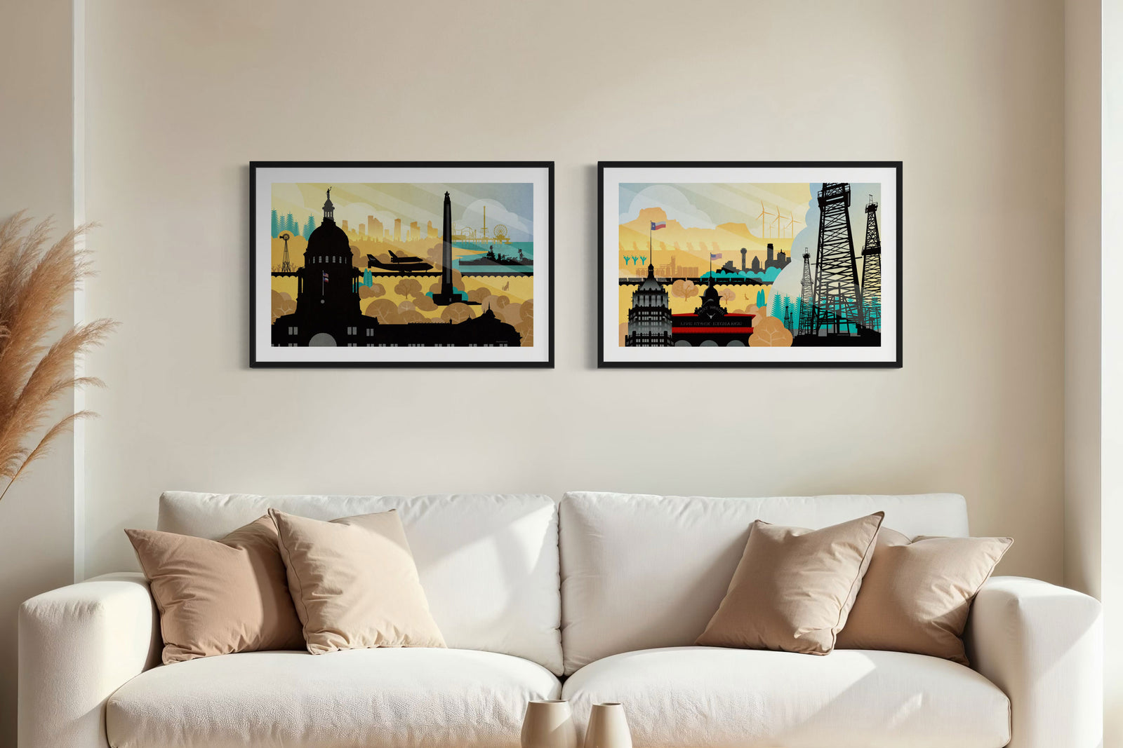 Texas poster set of two featuring Lone Star Legacy and Built on Texas vintage style wall art displayed together in a living room.
