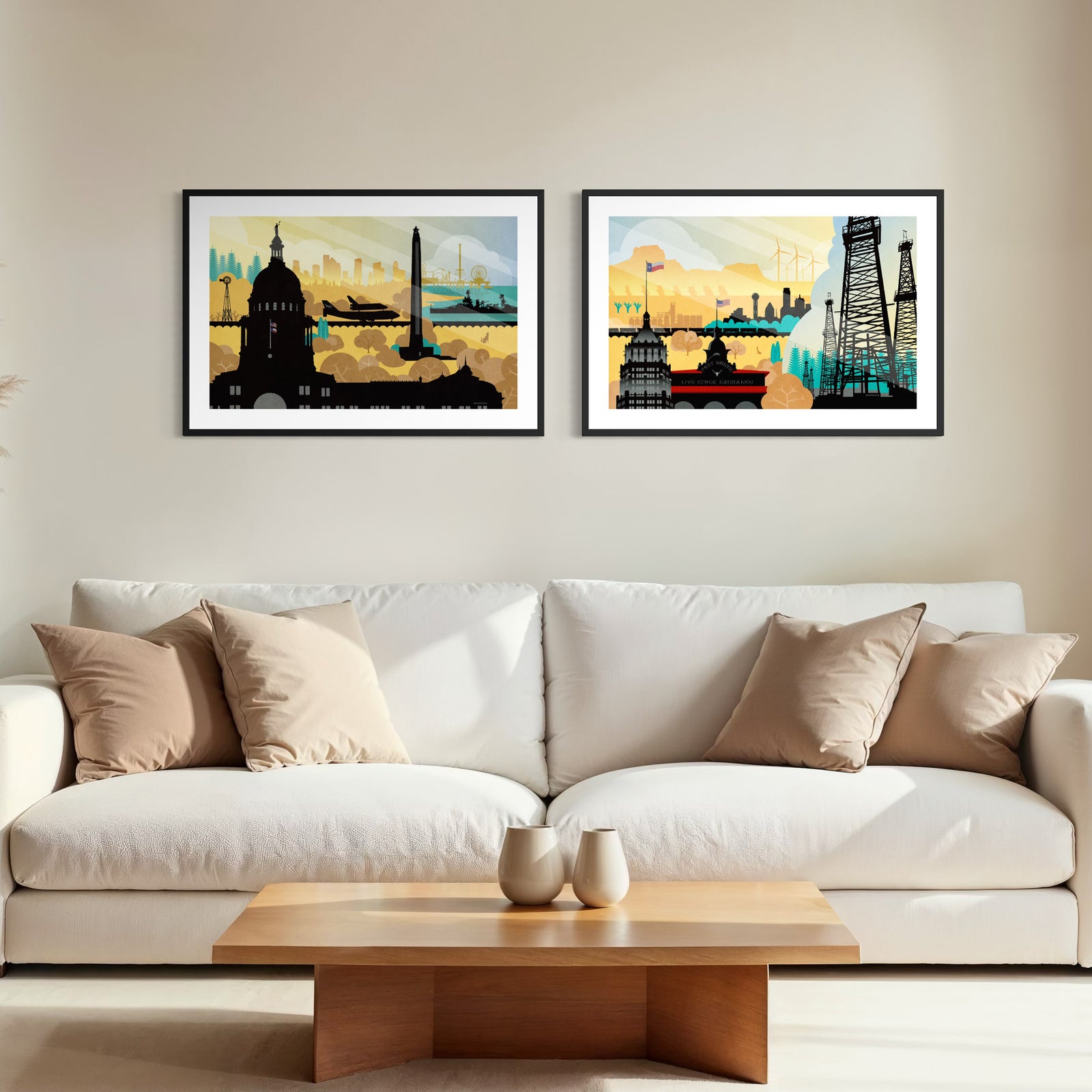 Texas poster set of two featuring Lone Star Legacy and Built on Texas vintage style wall art displayed together in a living room.