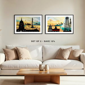 Texas poster set of two featuring Lone Star Legacy and Built on Texas vintage style wall art displayed together in a living room.