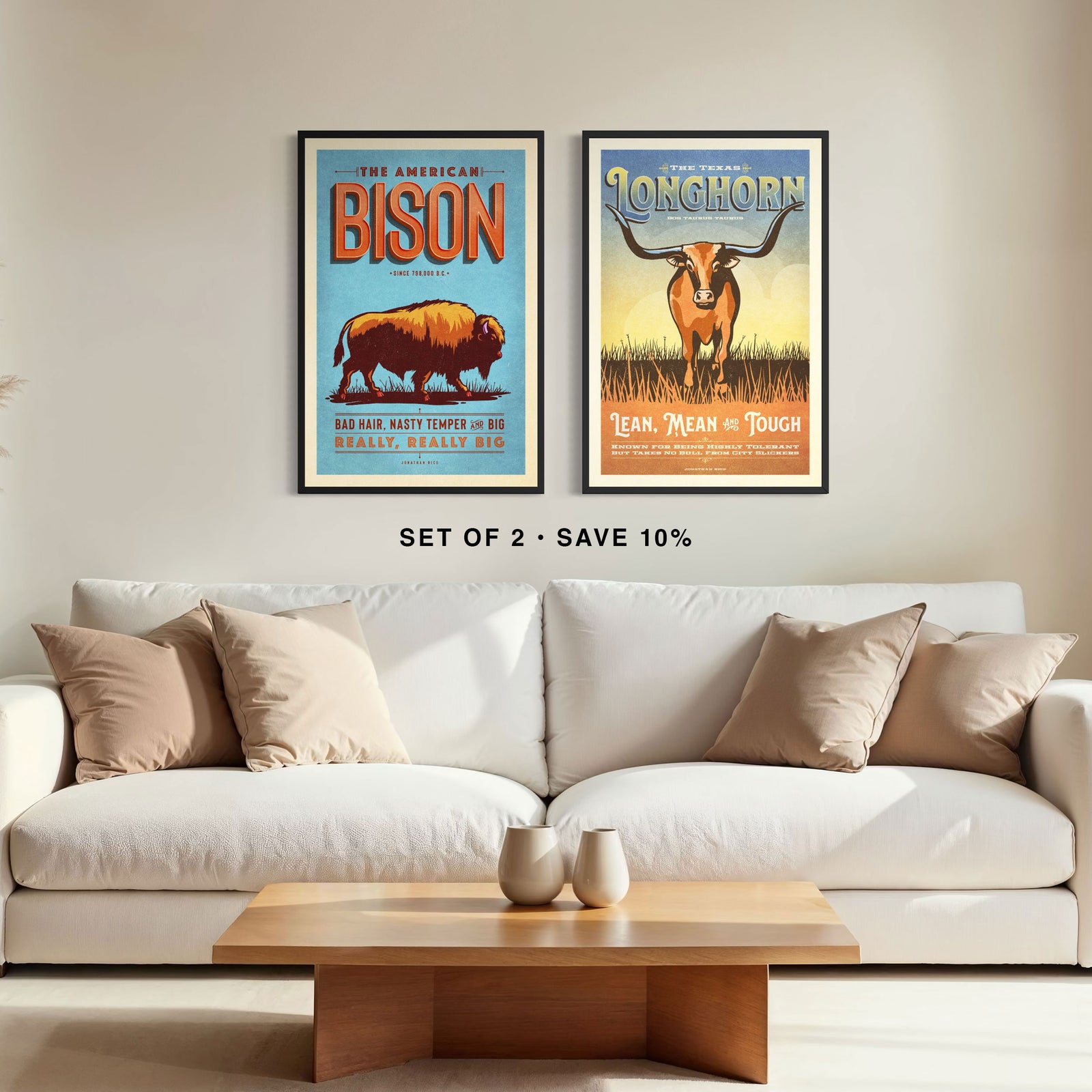 Bison and Longhorn western animal art print set featuring vintage-inspired wildlife illustrations from the Creatures of Character collection displayed over a sofa