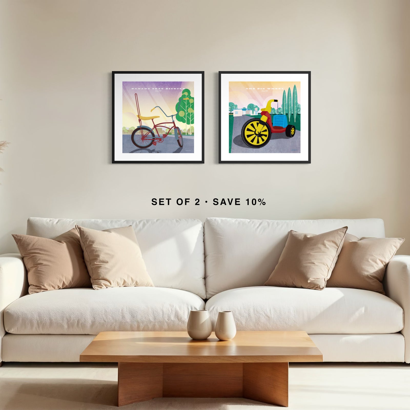 Big Wheel and Banana Seat Bike vintage poster gallery set displayed in black frames above a modern living room couch
