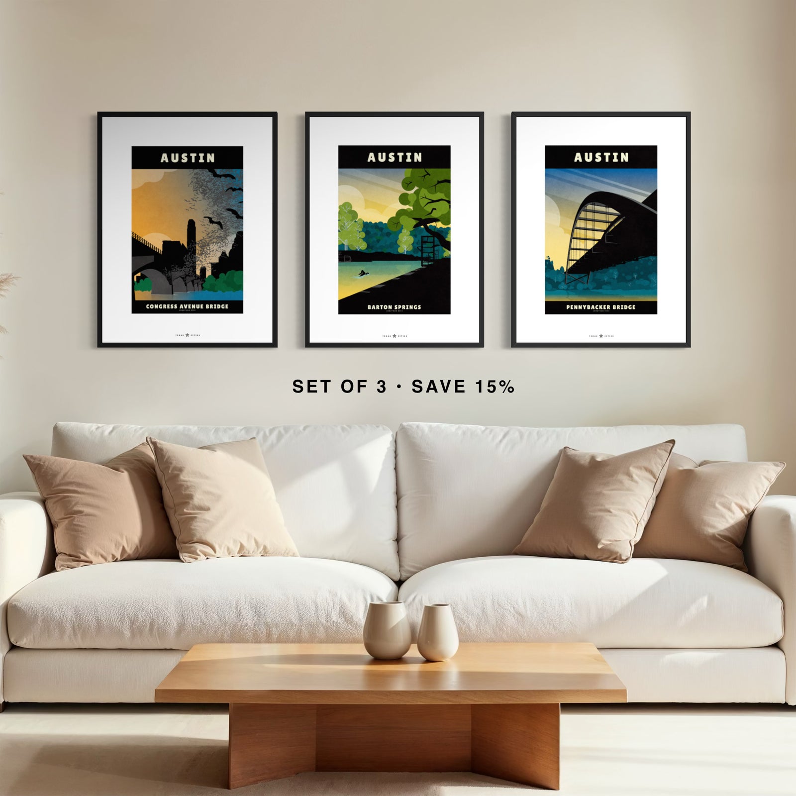 Austin Gallery Set of 3 framed above couch featuring Barton Springs, Congress Avenue Bats and Pennybacker Bridge posters