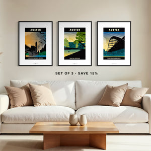 Austin Gallery Set of 3 framed above couch featuring Barton Springs, Congress Avenue Bats and Pennybacker Bridge posters