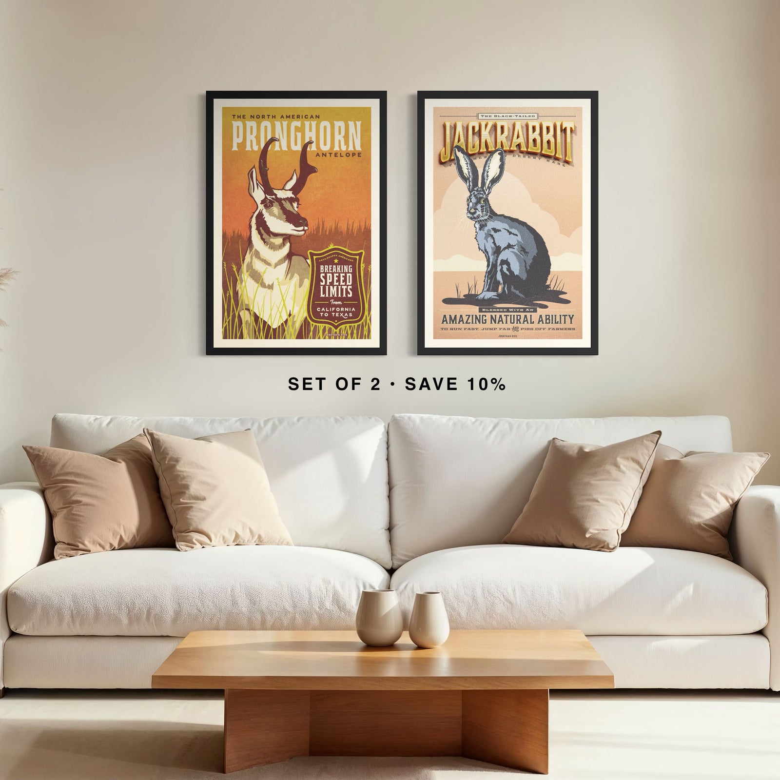 Pronghorn and Jackrabbit poster set displayed together in modern above white sofa