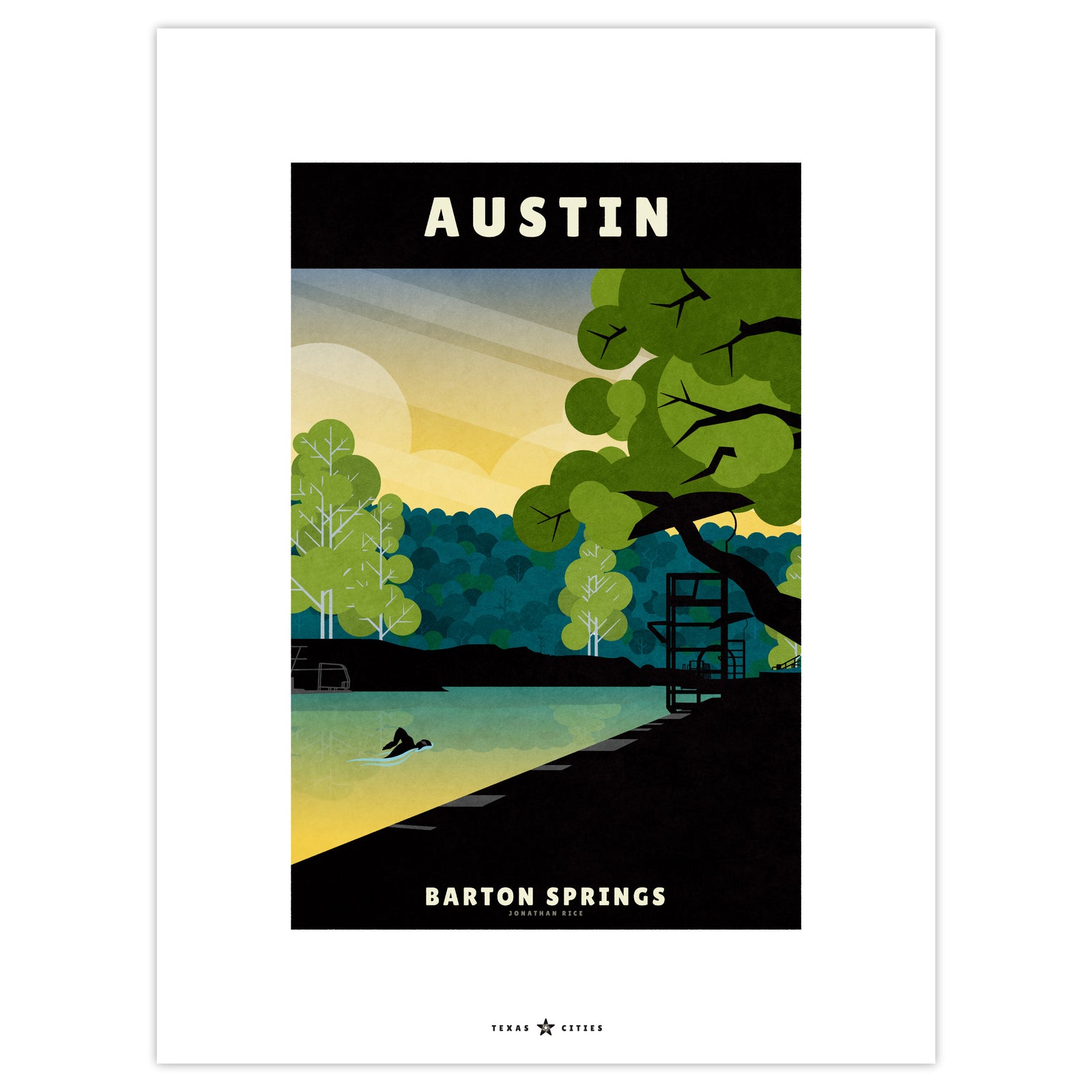 Austin, Texas Barton Springs vintage travel poster in retro illustration style