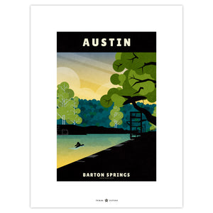 Austin, Texas Barton Springs vintage travel poster in retro illustration style