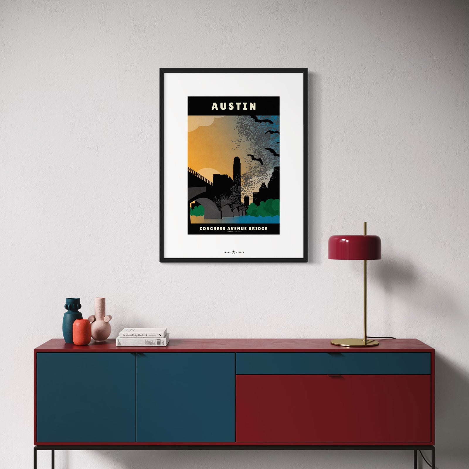 Austin, Texas Congress Avenue Bridge Bats vintage travel poster in retro illustration style