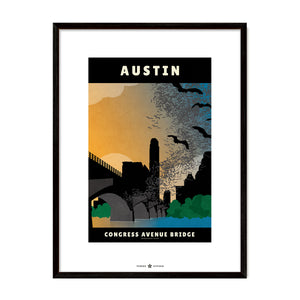 Austin, Texas — Congress Avenue Bridge Bats poster black frame