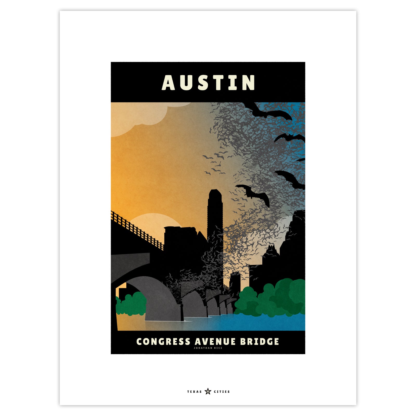 Austin, Texas Congress Avenue Bridge Bats vintage travel poster in retro illustration style