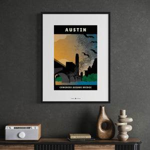Austin, Texas — Congress Avenue Bridge Bats poster black frame office wall mockup