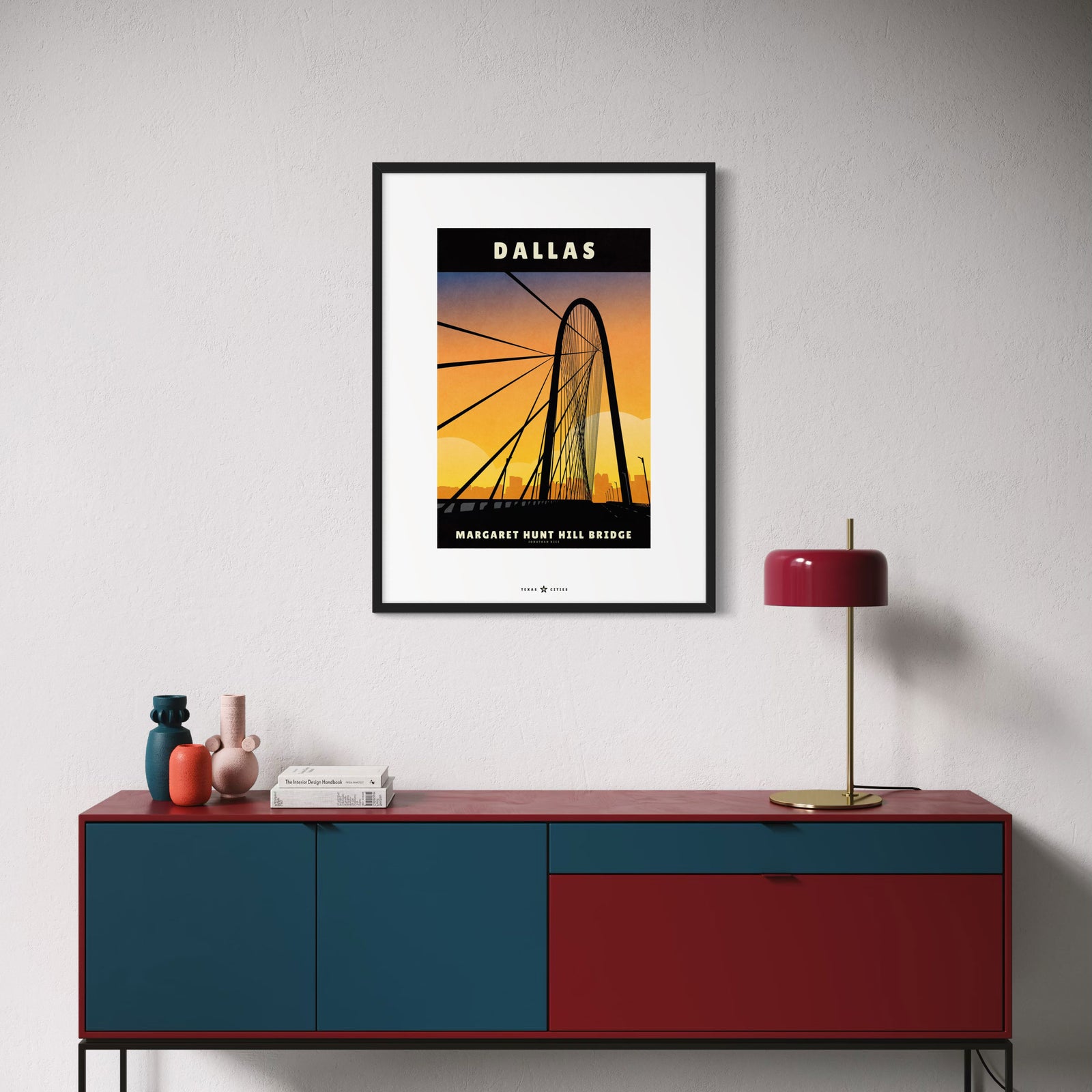Dallas, Texas Margaret Hunt Hill Bridge vintage travel poster in retro illustration style