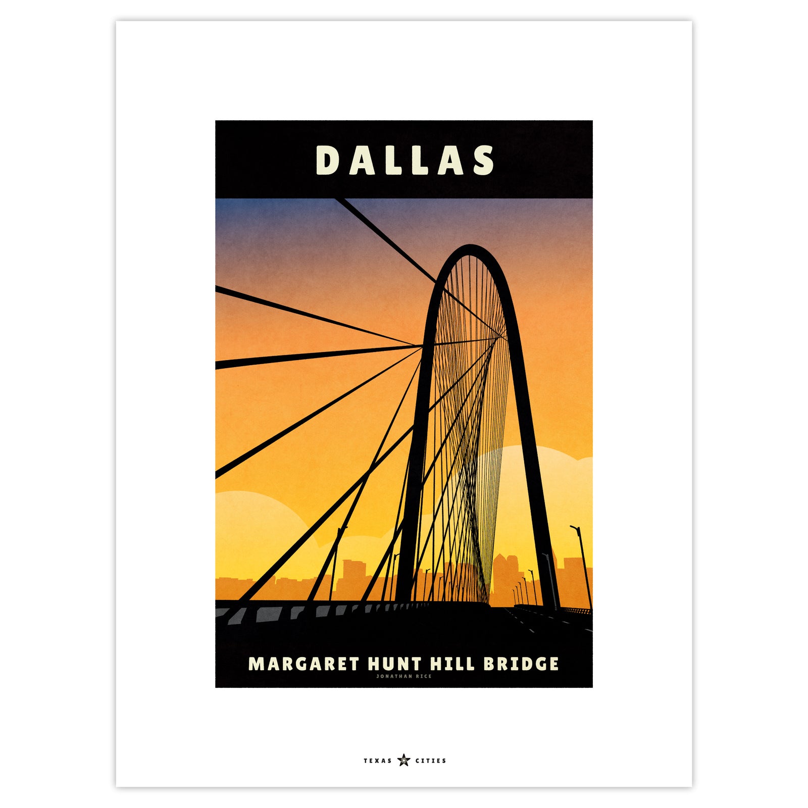 Dallas, Texas Margaret Hunt Hill Bridge vintage travel poster in retro illustration style