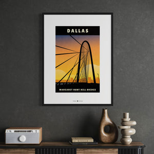 Dallas, Texas — Margaret Hunt Hill Bridge poster black frame wall mockup in office