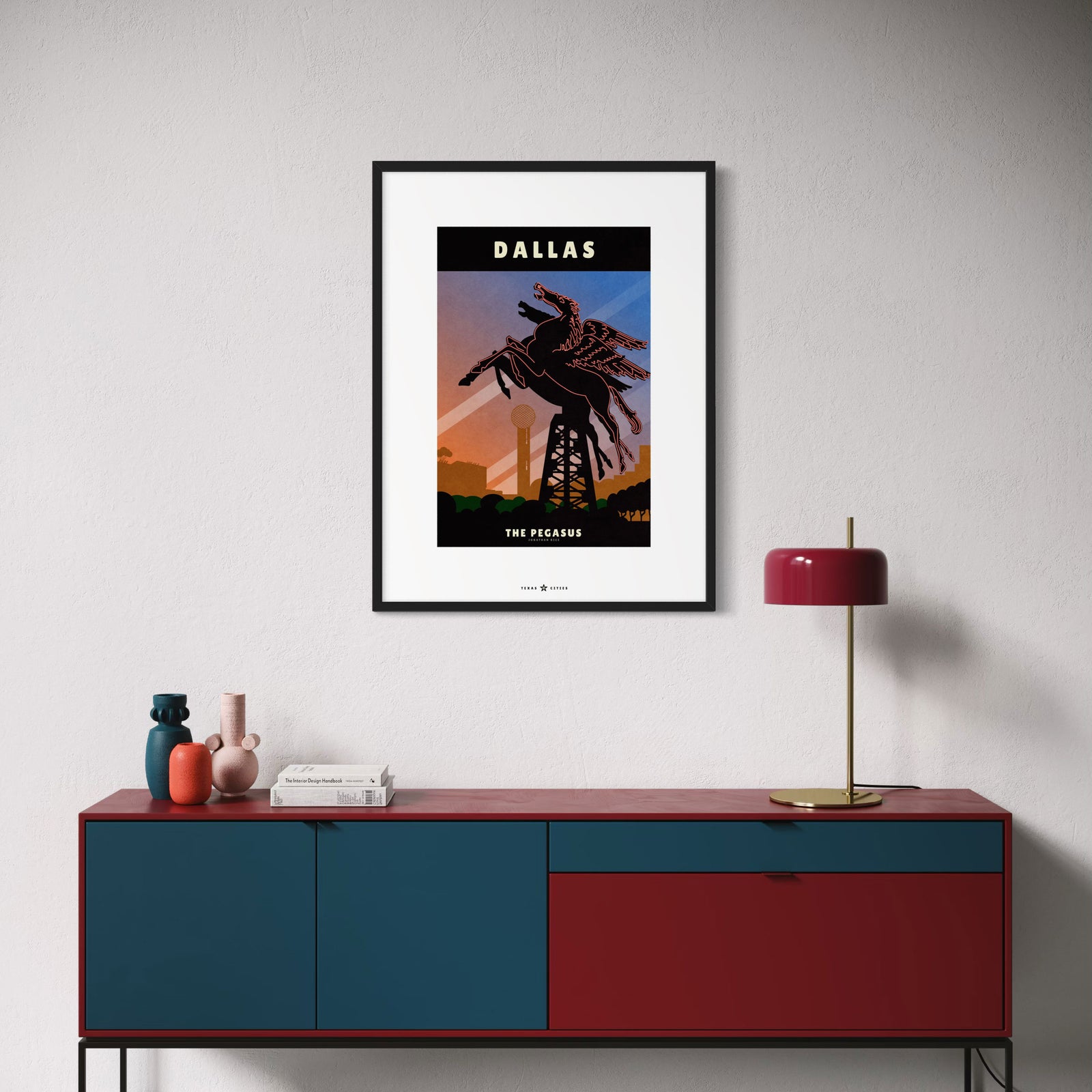 Dallas, Texas Pegasus Neon Sign vintage travel poster in retro illustration style