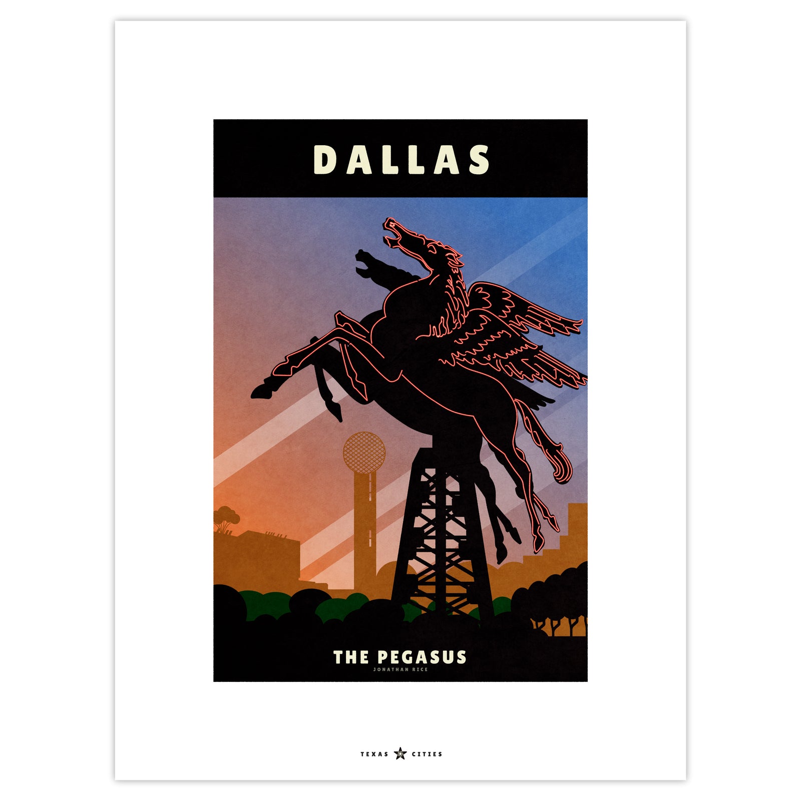 Dallas, Texas Pegasus Neon Sign vintage travel poster in retro illustration style