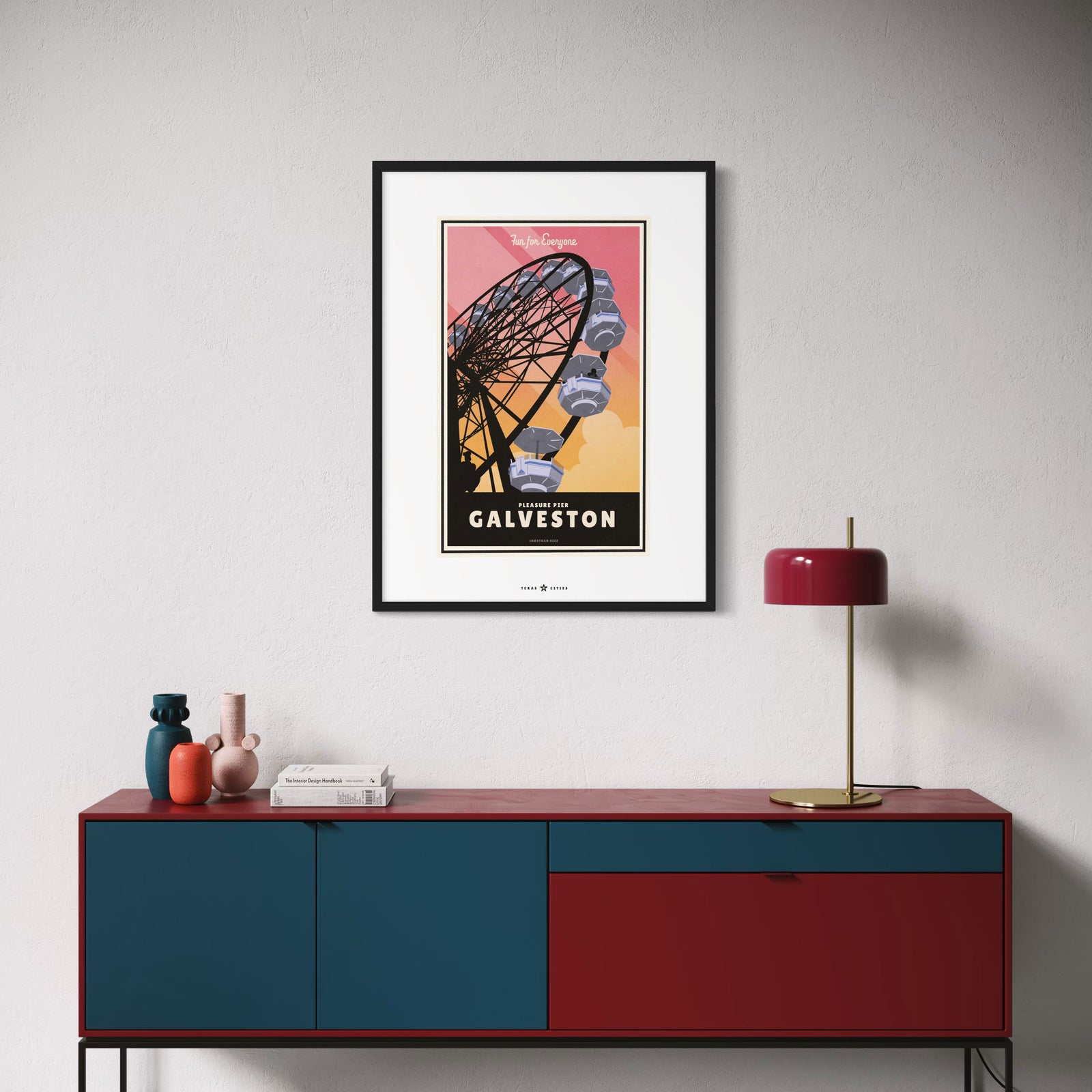 Galveston, Texas Pleasure Pier vintage travel poster in retro illustration style