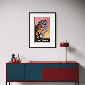 Galveston, Texas — Pleasure Pier poster black frame living room wall mockup