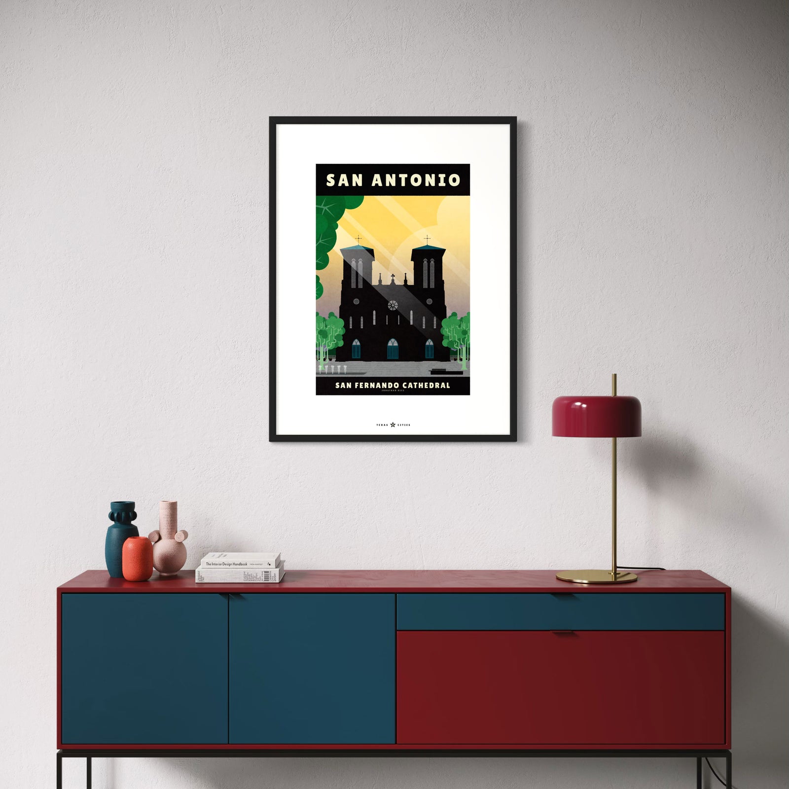 San Antonio, Texas San Fernando Cathedral vintage travel poster in retro illustration style