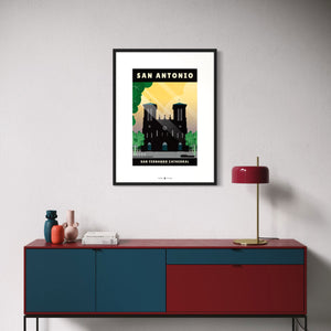 San Antonio, Texas — San Fernando Cathedral poster black frame living room wall mockup