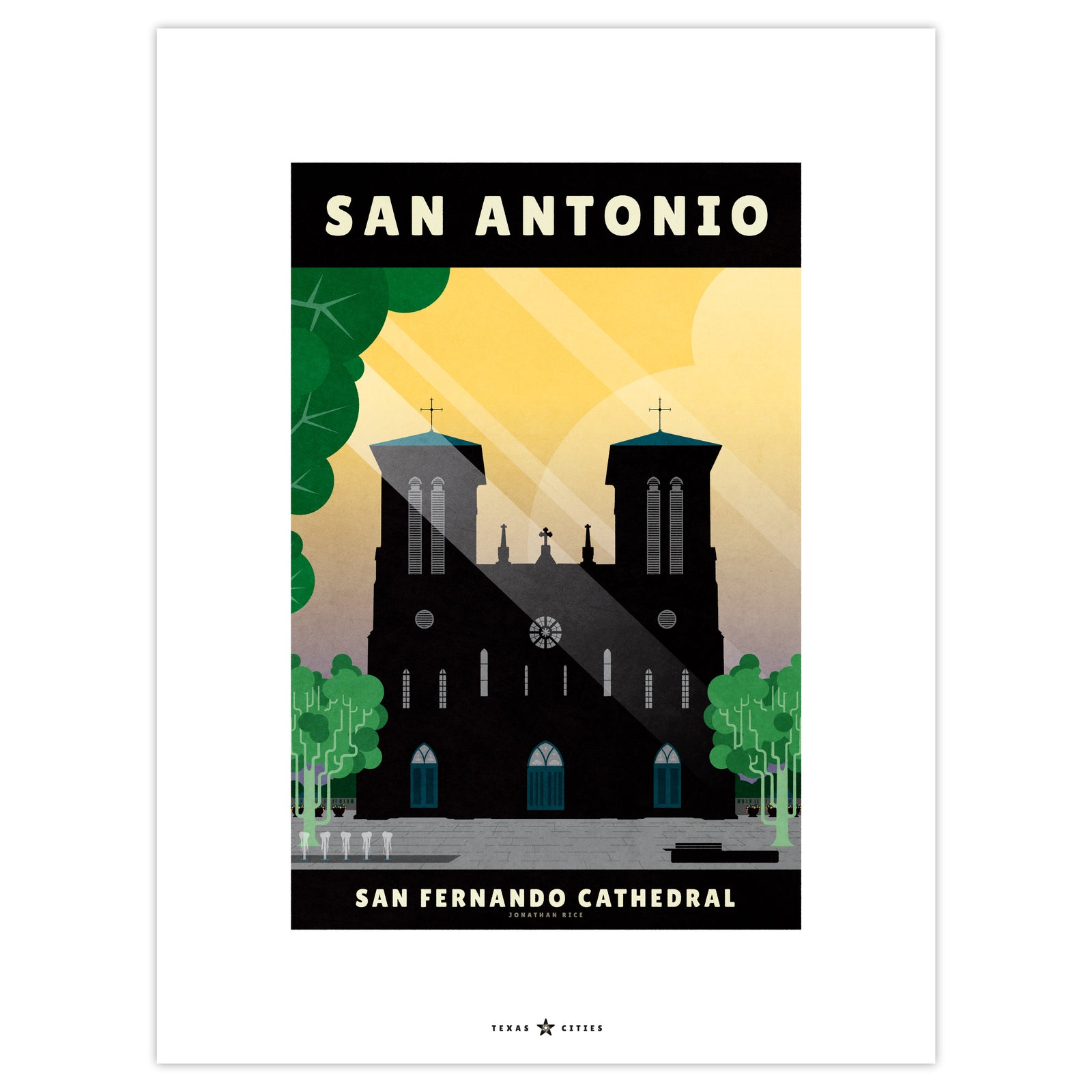 San Antonio, Texas San Fernando Cathedral vintage travel poster in retro illustration style