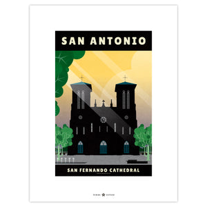San Antonio, Texas San Fernando Cathedral vintage travel poster in retro illustration style