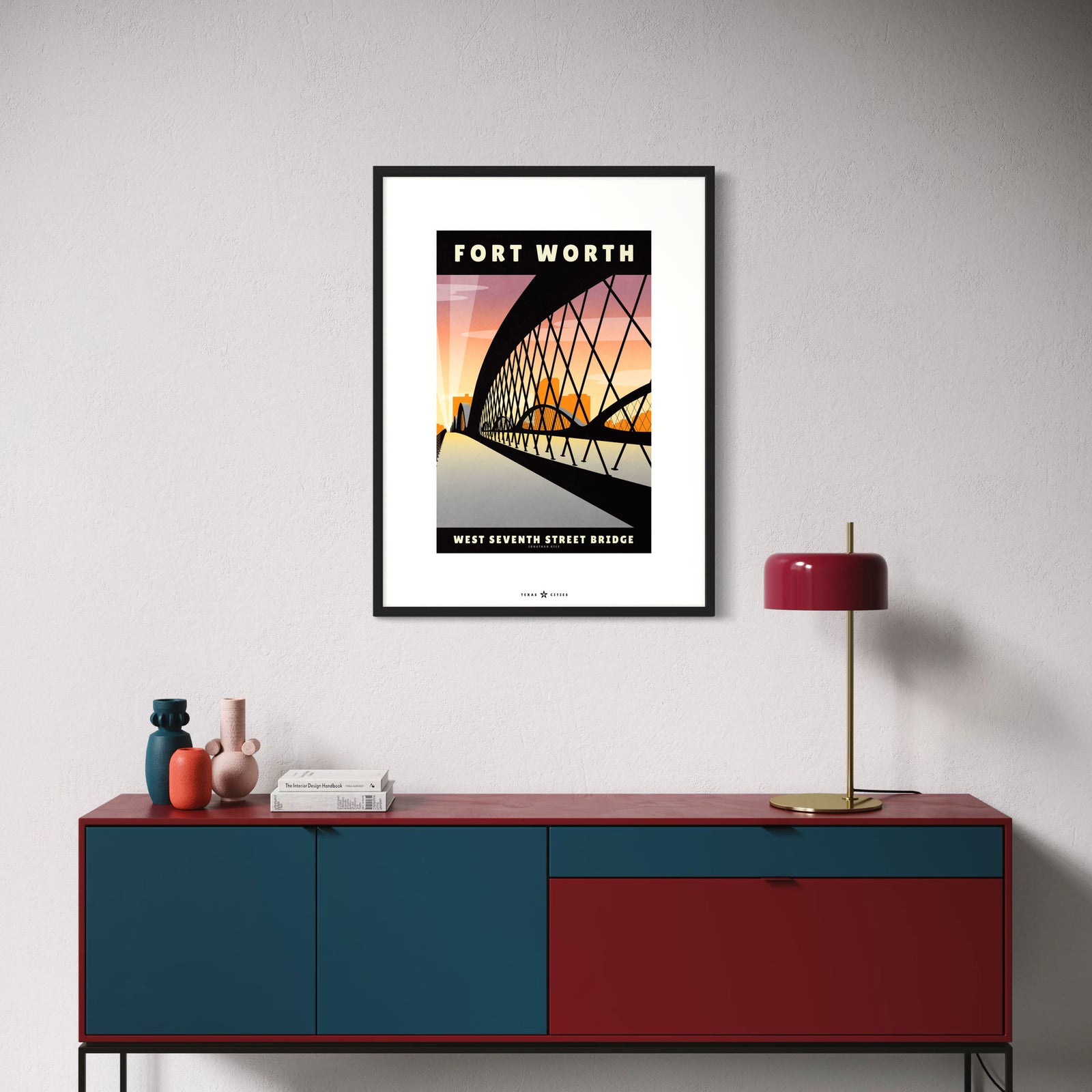Fort Worth, Texas 7th Street Bridge vintage travel poster in retro illustration style