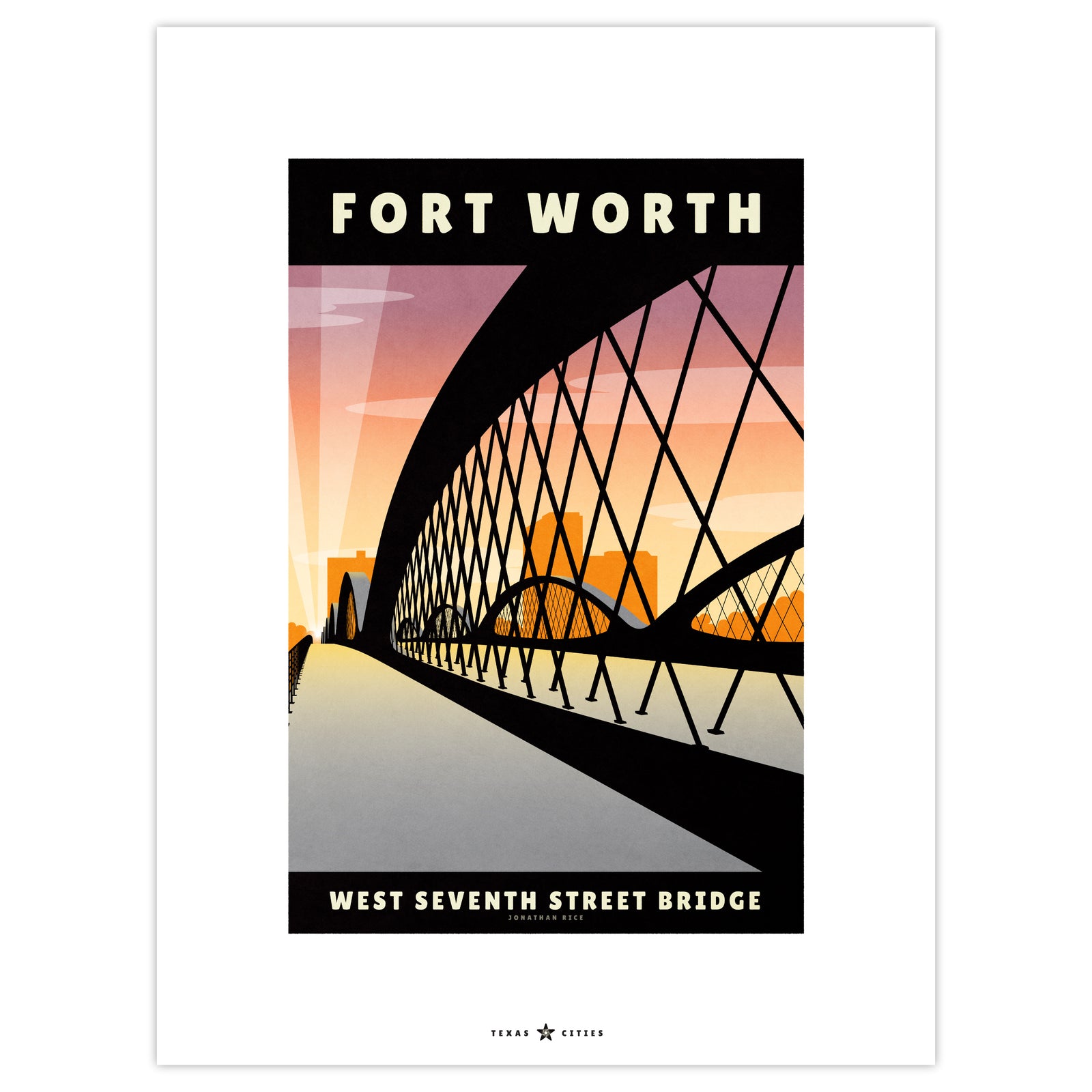 Fort Worth, Texas 7th Street Bridge vintage travel poster in retro illustration style