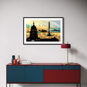 framed Lone Star Legacy Texas poster vintage travel style wall art in modern living room interior