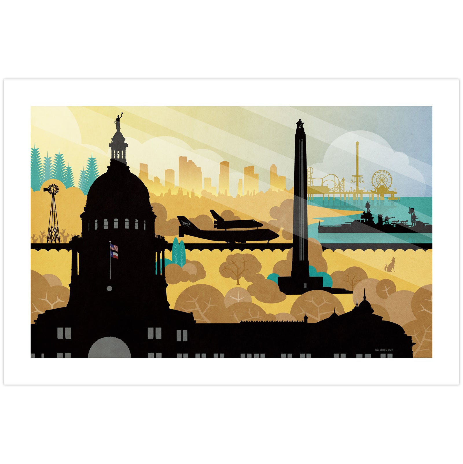 Lone Star Legacy Texas landmarks poster vintage style montage featuring capitol building, skyline, and coastal elements