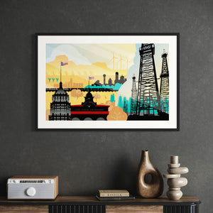 framed Built on Texas industrial poster vintage wall art in modern office setting