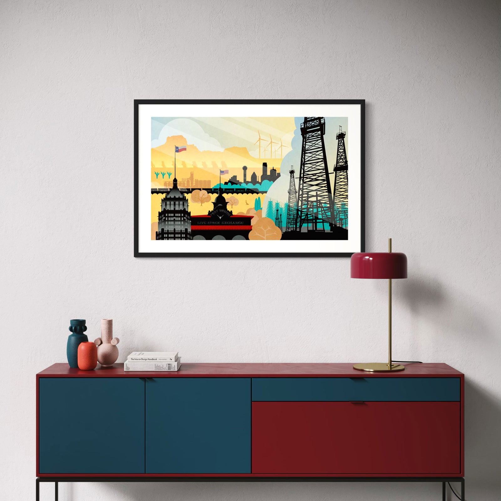 Built on Texas poster vintage style featuring oil rigs, rail line, skyline, and wind turbines