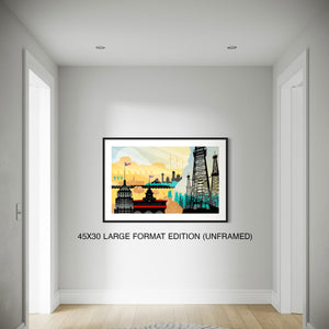 Large format framed Built on Texas industrial poster vintage wall art in modern hallway setting