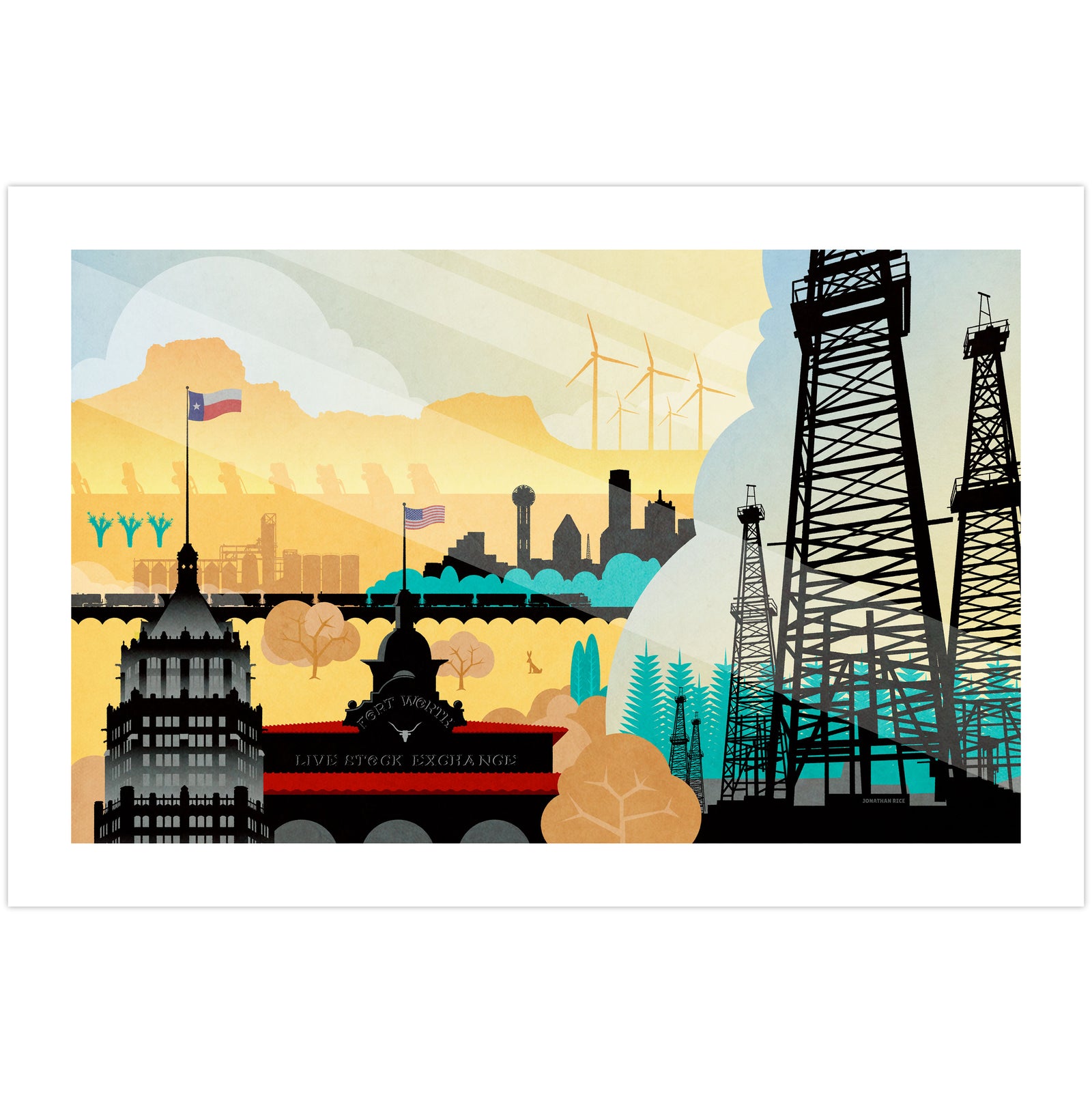 Built on Texas poster vintage style featuring oil rigs, rail line, skyline, and wind turbines