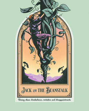 Jack and The Beanstalk children's story giclée art print and poster with ornate framing device, title design and giant beanstalk. It has bright colors, textures, and ornate typography, with a headline that says “Jack and The Beanstalk”.  At the bottom the type says “Rising above disobedience, mistakes and disappointments.”