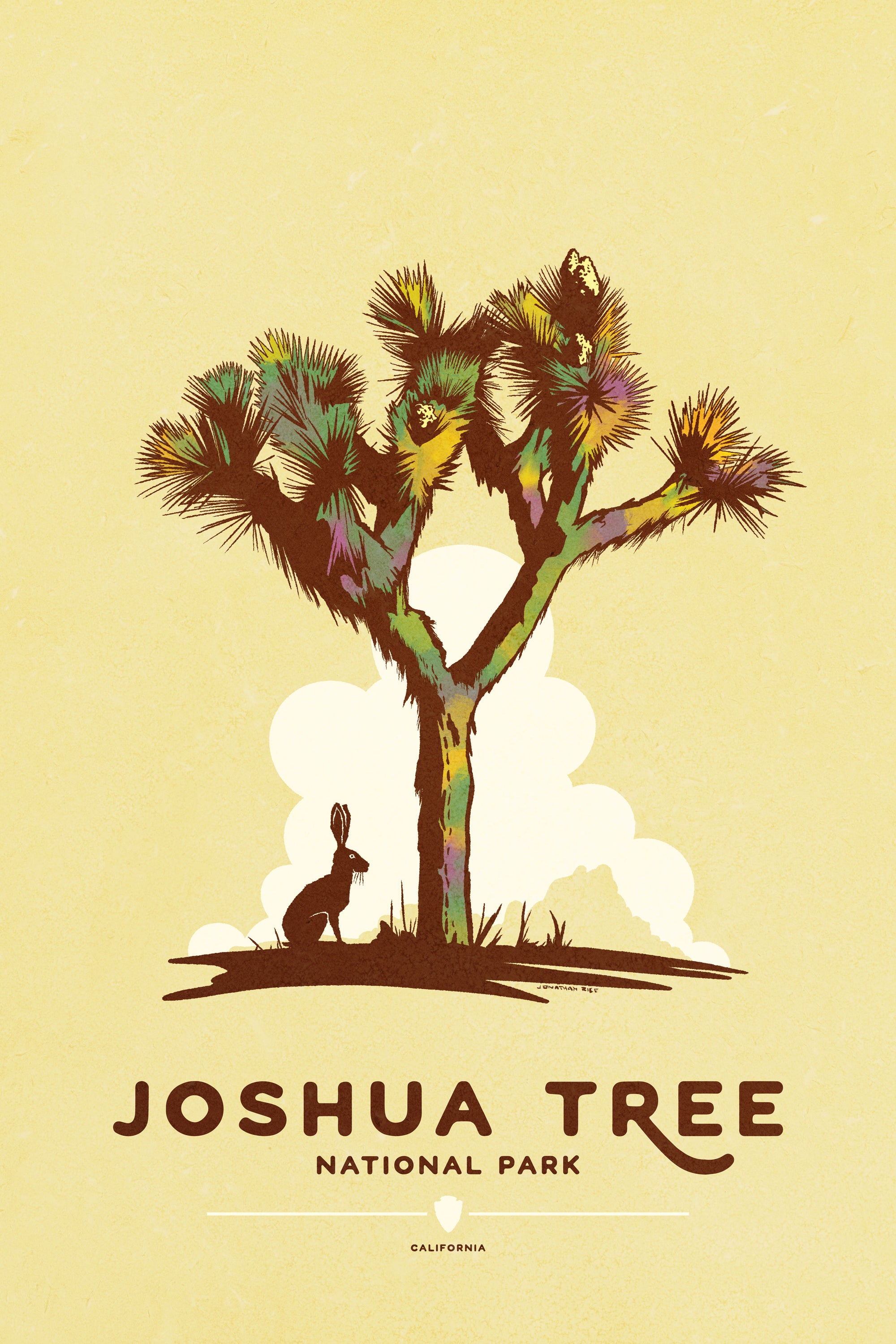 Modern, minimalist giclée art print for Modern, minimalist giclée art print for Joshua Tree National Park in California. This simple and classy poster depicts a Joshua Tree with a Jackrabbit under its’ shade. It has the words “Joshua National Park, California” at the bottom. The print’s muted overall background color allows the bold and vibrant colors of the main image to pop.