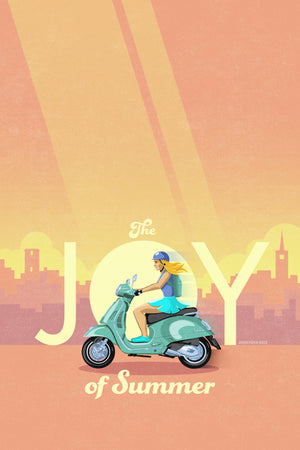 Italian scooter art print and poster. This poster captures the joy of riding a Vespa scooter through on a bright summer day with its bright vibrant colors, bold design, and headline “The Joy of Summer.”