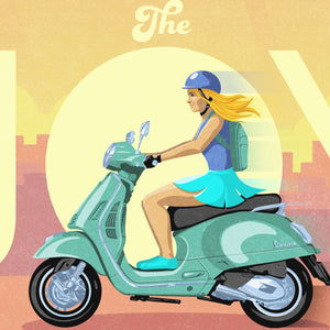 Italian scooter art print and poster. This poster captures the joy of riding a Vespa scooter through on a bright summer day with its bright vibrant colors, bold design, and headline “The Joy of Summer.”
