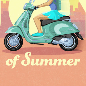 Italian scooter art print and poster. This poster captures the joy of riding a Vespa scooter through on a bright summer day with its bright vibrant colors, bold design, and headline “The Joy of Summer.”
