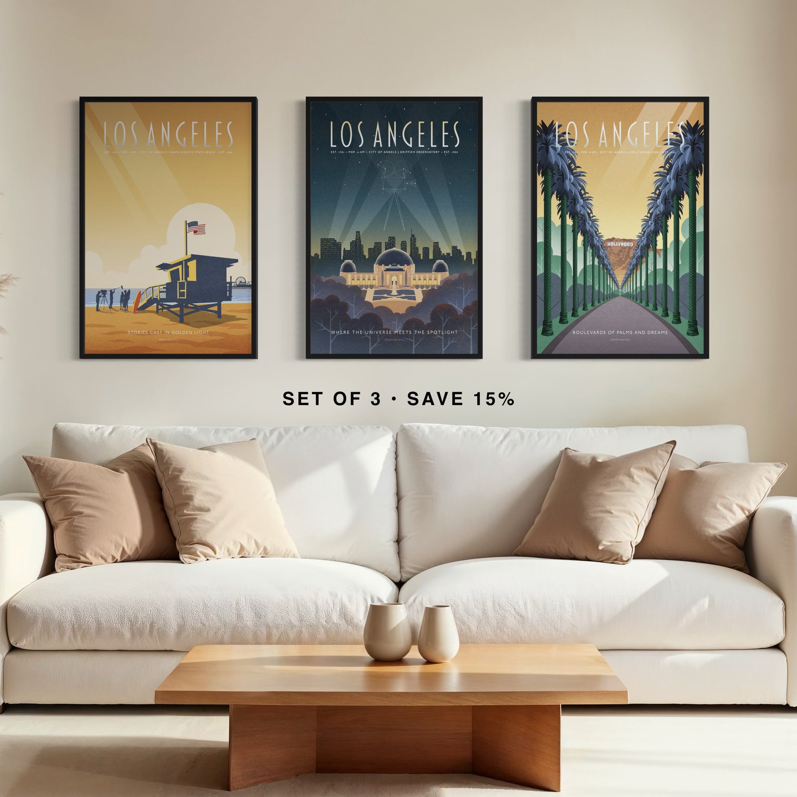 Los Angeles gallery set of three framed travel posters in black wood frames featuring Hollywood palms, Griffith Observatory, and Santa Monica State Beach