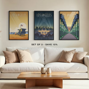 Los Angeles gallery set of three framed travel posters in black wood frames featuring Hollywood palms, Griffith Observatory, and Santa Monica State Beach
