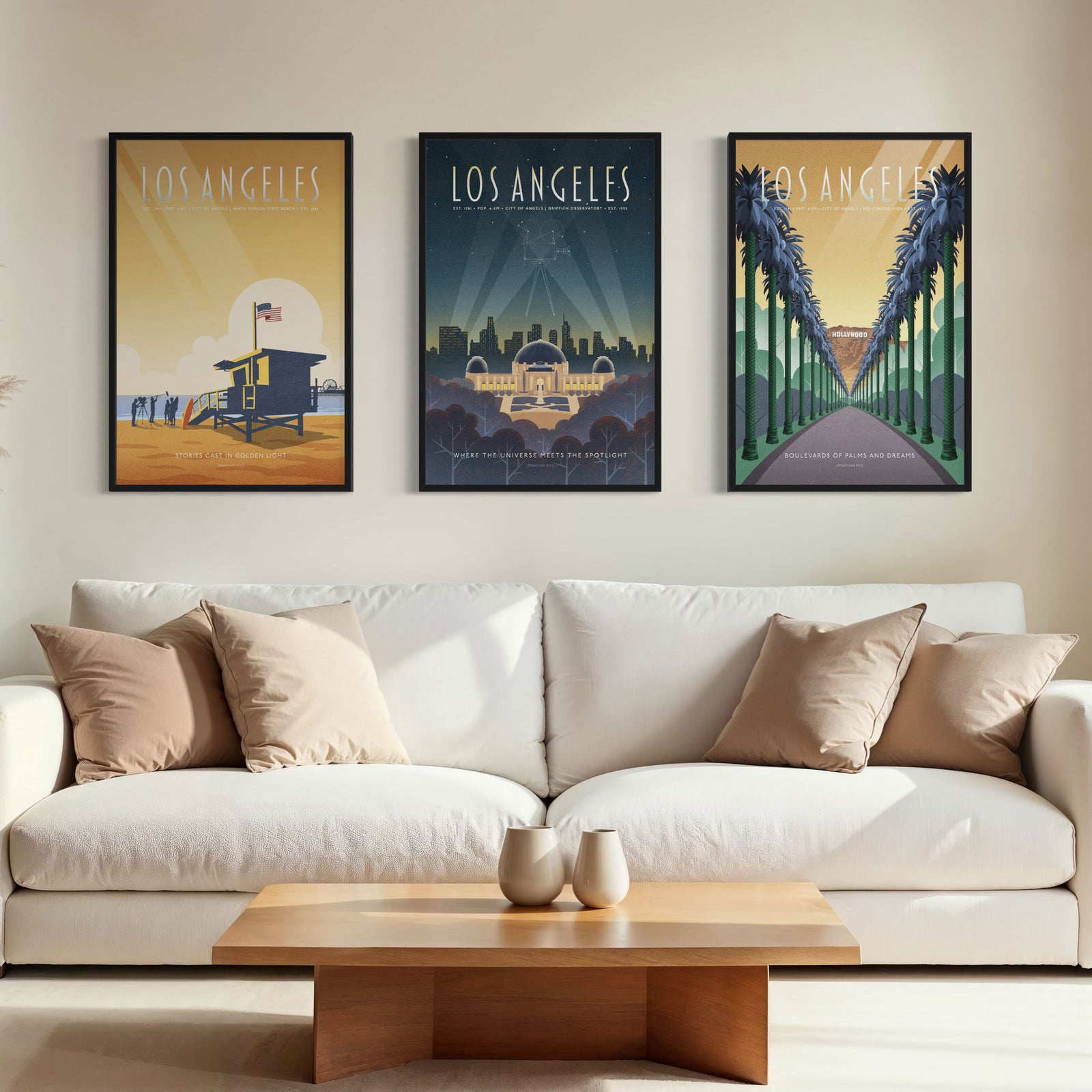 Los Angeles gallery set of three framed travel posters in black wood frames featuring Hollywood palms, Griffith Observatory, and Santa Monica State Beach