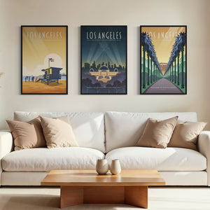 Los Angeles gallery set of three framed travel posters in black wood frames featuring Hollywood palms, Griffith Observatory, and Santa Monica State Beach