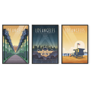 Los Angeles gallery set of three framed travel posters in black wood frames featuring Hollywood palms, Griffith Observatory, and Santa Monica State Beach