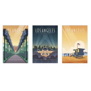 Unframed Los Angeles travel poster set of three coordinated fine art prints featuring Hollywood palms, Griffith Observatory, and Santa Monica State Beach