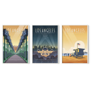 Los Angeles wall art set of three framed travel posters in white wood frames showing Hollywood Boulevard palms, Griffith Observatory, and Santa Monica Beach