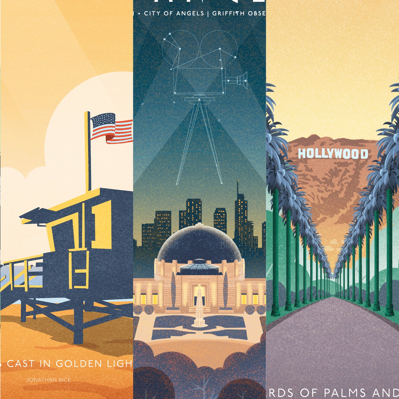 Los Angeles gallery set of three framed travel posters in black wood frames featuring Hollywood palms, Griffith Observatory, and Santa Monica State Beach