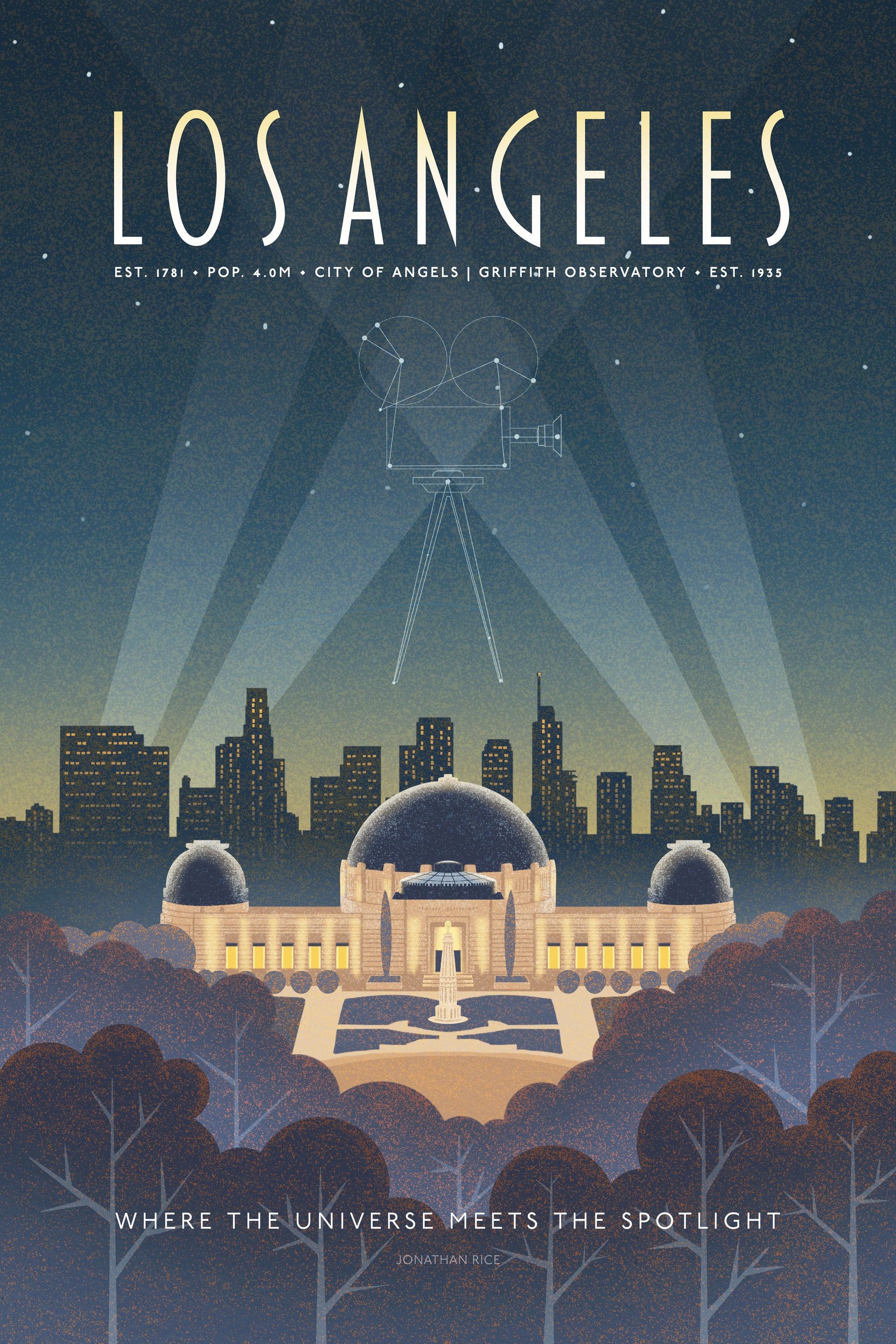Illustrated Los Angeles travel poster showing Griffith Observatory at night with city skyline and a constellation forming a vintage movie camera in the sky. Retro Art Deco design with spotlights and starry sky.